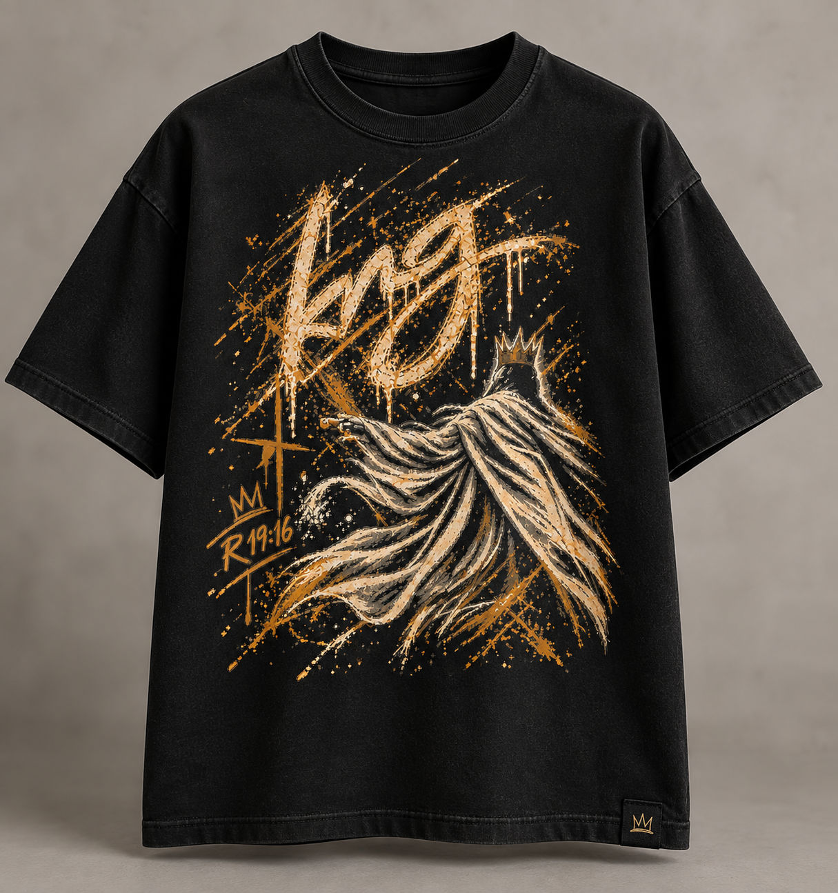 Black heavyweight tee with the King graphic printed in gold